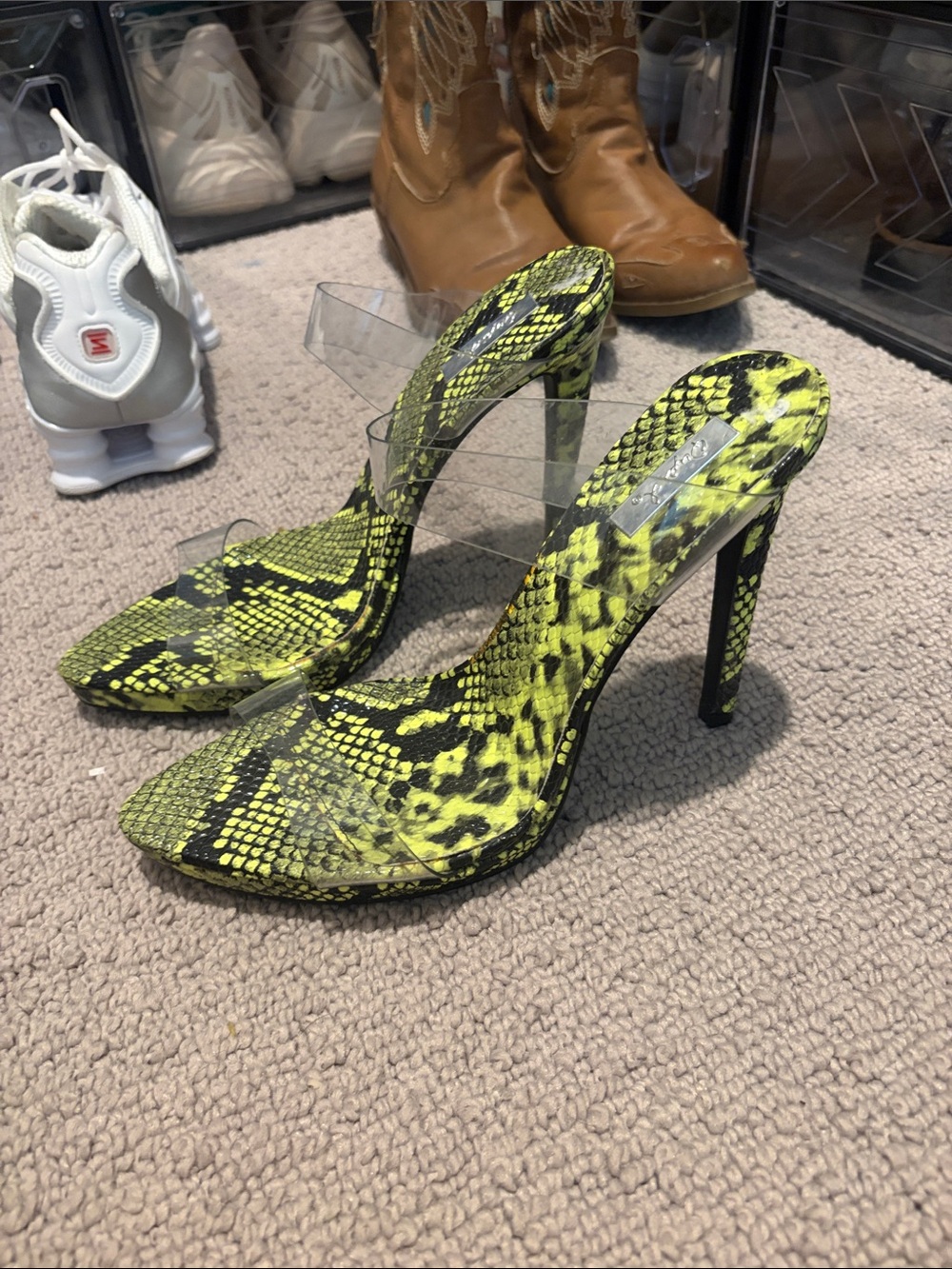 Qupid Neon Yellow Snake-Print Clear Strap Stiletto Heels